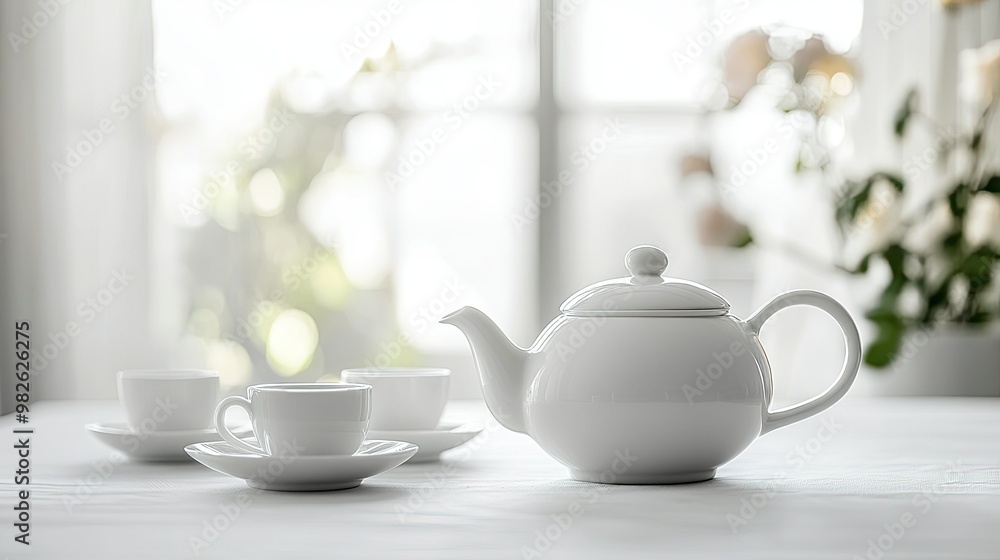 Ceramic teapot and matching cups on a white table, with copy space in the background. The elegant setting is ideal for tea-related promotions. Ceramic teapot and matching cups on a white table, with copy space in the background. The elegant setting is ideal for tea-related promotions.
