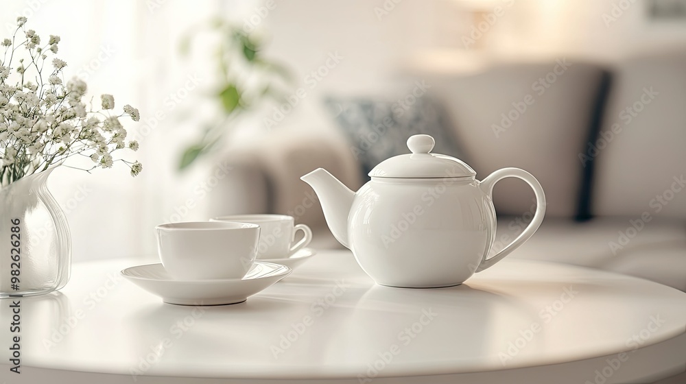 Ceramic teapot and matching cups on a white table, with copy space in the background. The elegant setting is ideal for tea-related promotions. Ceramic teapot and matching cups on a white table, with copy space in the background. The elegant setting is ideal for tea-related promotions.