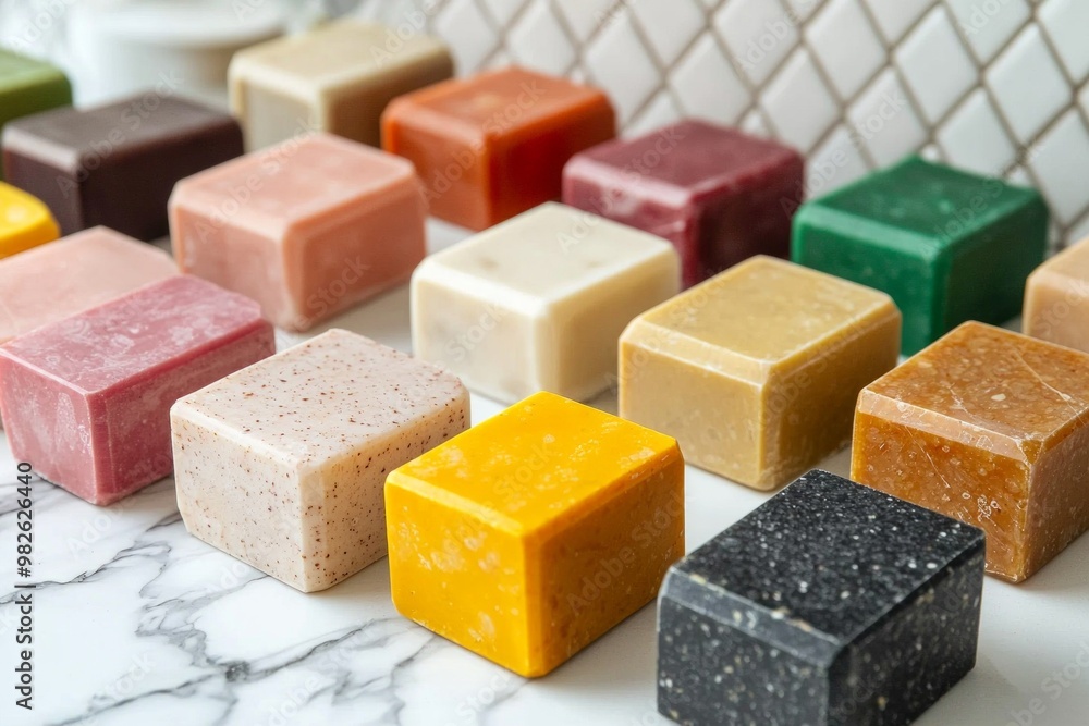 Colorful soap bars arranged in a geometric pattern on a bathroom counter. Colorful soap bars arranged in a geometric pattern on a bathroom counter.