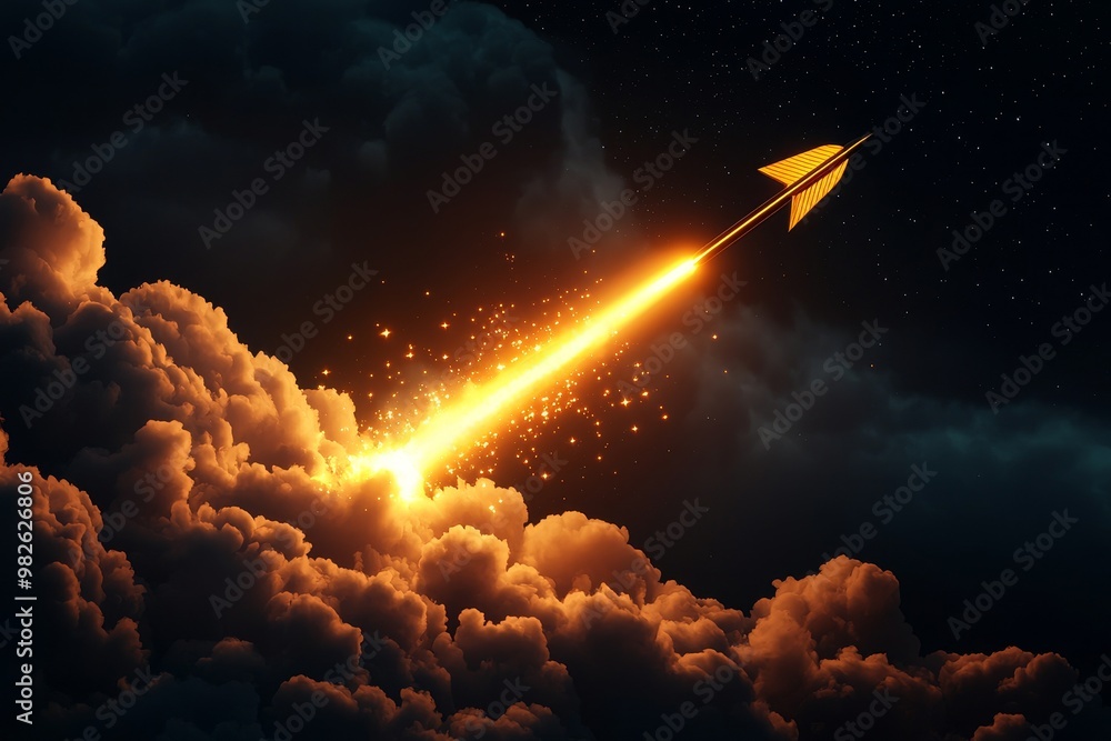A vibrant paper airplane soaring through clouds, leaving a trail of light and sparks, symbolizing creativity and adventure. A vibrant paper airplane soaring through clouds, leaving a trail of light and sparks, symbolizing creativity and adventure.