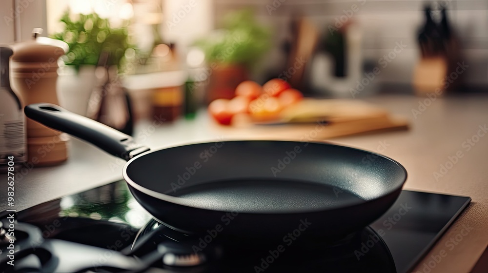 Empty frying pan on a stovetop, ready for ingredients, with plenty of blank space for text. A clean kitchen scene ideal for cooking tutorials or recipes. Empty frying pan on a stovetop, ready for ingredients, with plenty of blank space for text. A clean kitchen scene ideal for cooking tutorials or recipes.