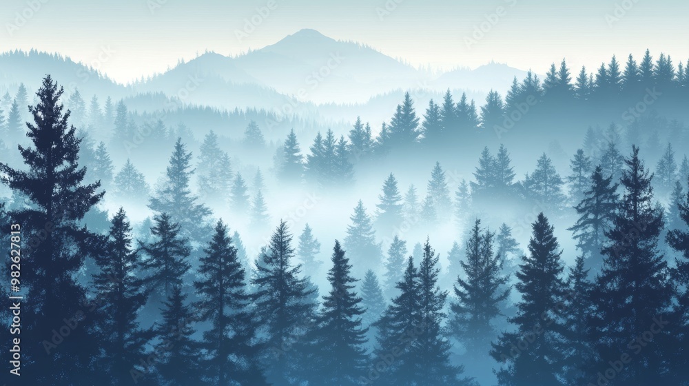Misty Forest Landscape with Mountains in Background Misty Forest Landscape with Mountains in Background