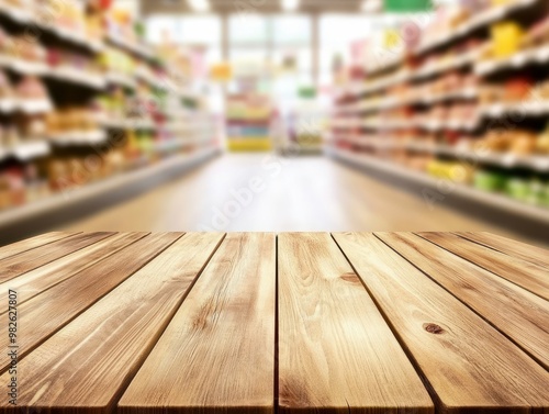 Wallpaper Mural Empty wood table top with supermarket blurred background Torontodigital.ca