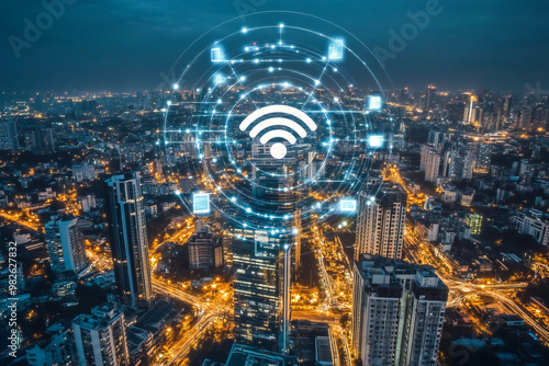 5G internet connection enables fast speed and global innovation in the cityscape photo