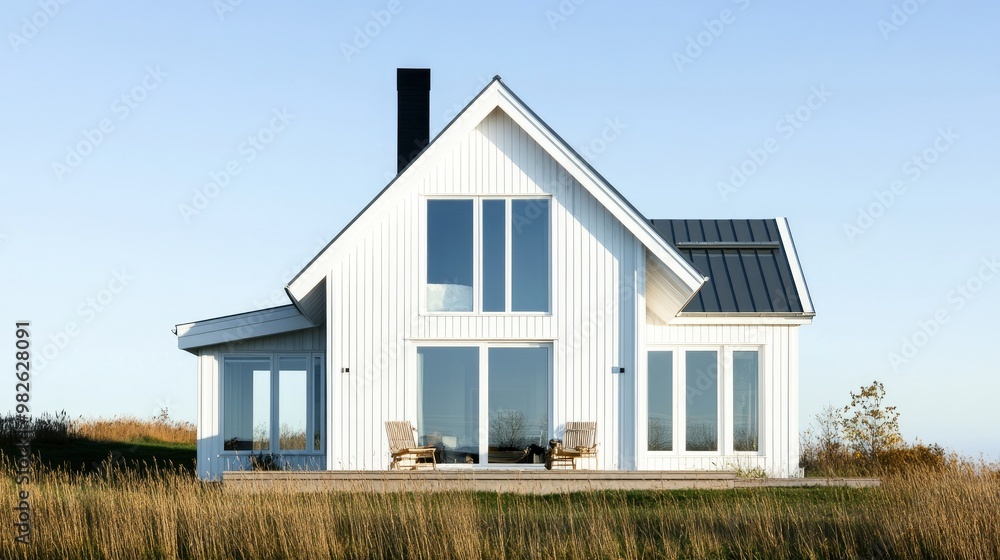 Exterior of a Nordic house with white wooden panels, large windows, and clean lines. A clear sky provides ample space for copy, emphasizing the home modern yet cozy style. Exterior of a Nordic house with white wooden panels, large windows, and clean lines. A clear sky provides ample space for copy, emphasizing the home modern yet cozy style.