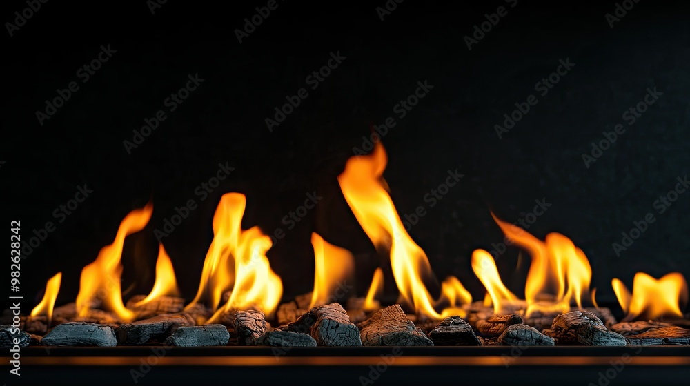 Flames flickering from a fireplace insert with a dark background. The clean space around the fire provides a perfect area for text. Flames flickering from a fireplace insert with a dark background. The clean space around the fire provides a perfect area for text.