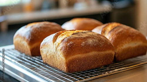 Freshly baked bread cooling on a rack, with open space for copy in the background. The warm, rustic feel invites viewers to enjoy homemade cooking. photo