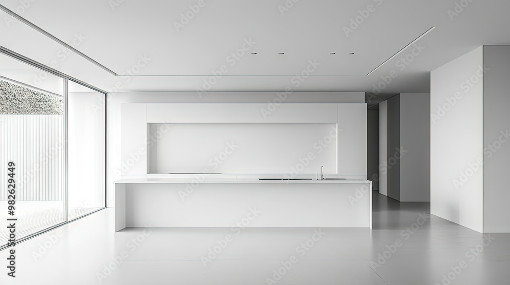 Minimalist kitchen with an open layout, sleek white cabinets, and a blank wall for copy space. The room design emphasizes function and form. Minimalist kitchen with an open layout, sleek white cabinets, and a blank wall for copy space. The room design emphasizes function and form.