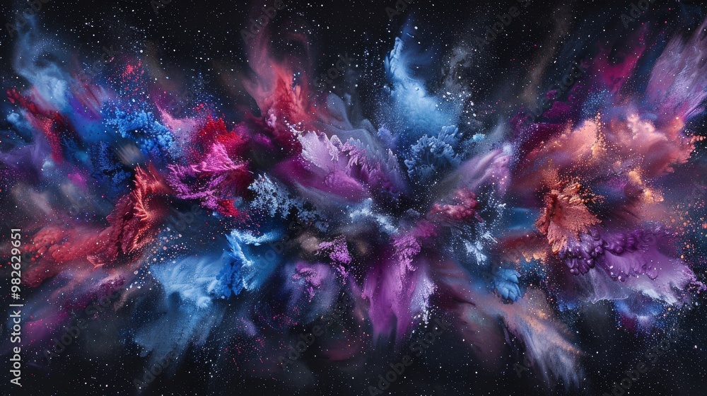 Fototapeta premium Burst of vibrant colored dust particles exploding in space, with dynamic swirls of blue, red, and purple tones against black background. Abstract artistic explosion creates vibrant and energetic