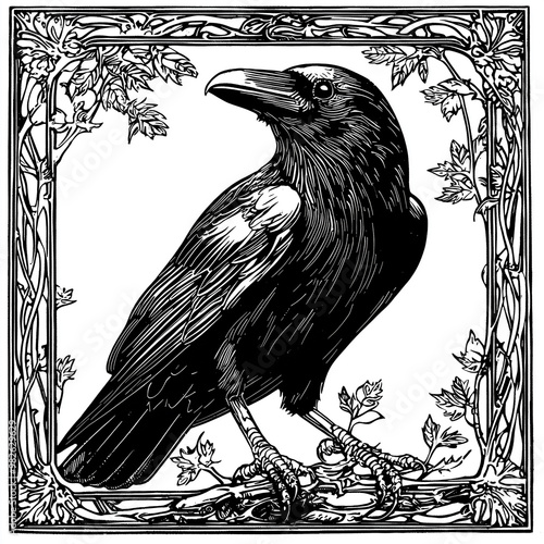 Majestic Art Nouveau Raven in Vintage Woodcut Style