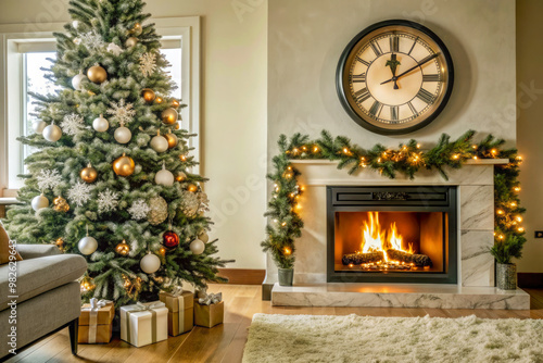 fireplace with christmas tree and decorations photo