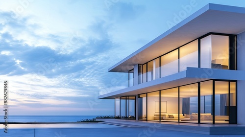 Modern minimalist home exterior with large windows, simple geometric lines, and a vast sky backdrop for copy space. The sleek design showcases understated elegance. -