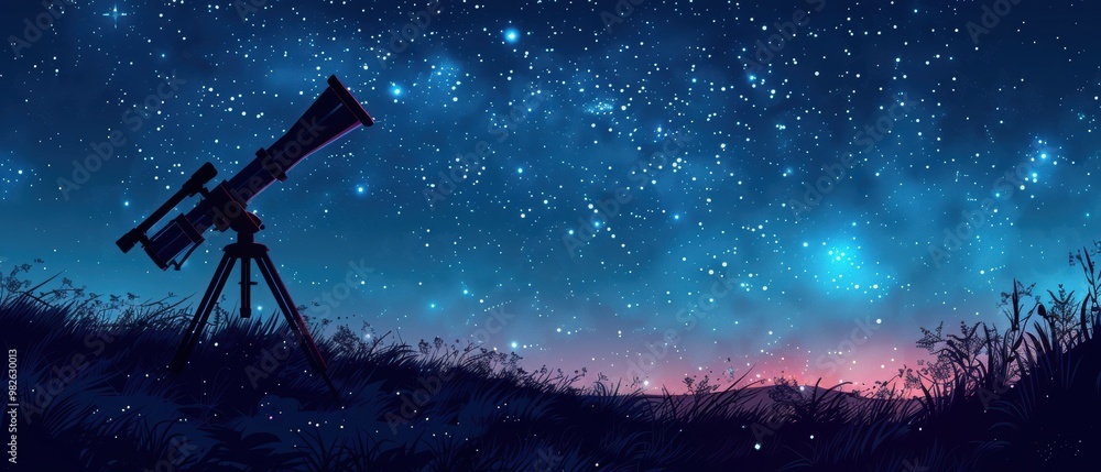 Fototapeta premium A telescope on top of a hill, with a starry sky background. This is a vector illustration featuring a silhouette in a minimalist style, with high resolution, high quality, and high level of detail. 