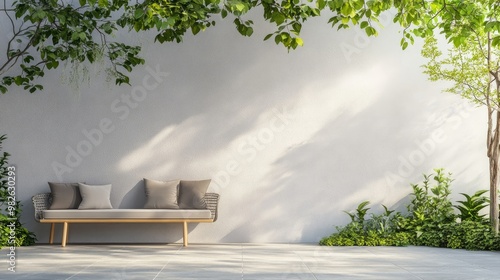 Outdoor seating area with a modern house exterior and blank wall, offering plenty of space for text. Simple, clean lines and greenery create a refreshing scene. photo