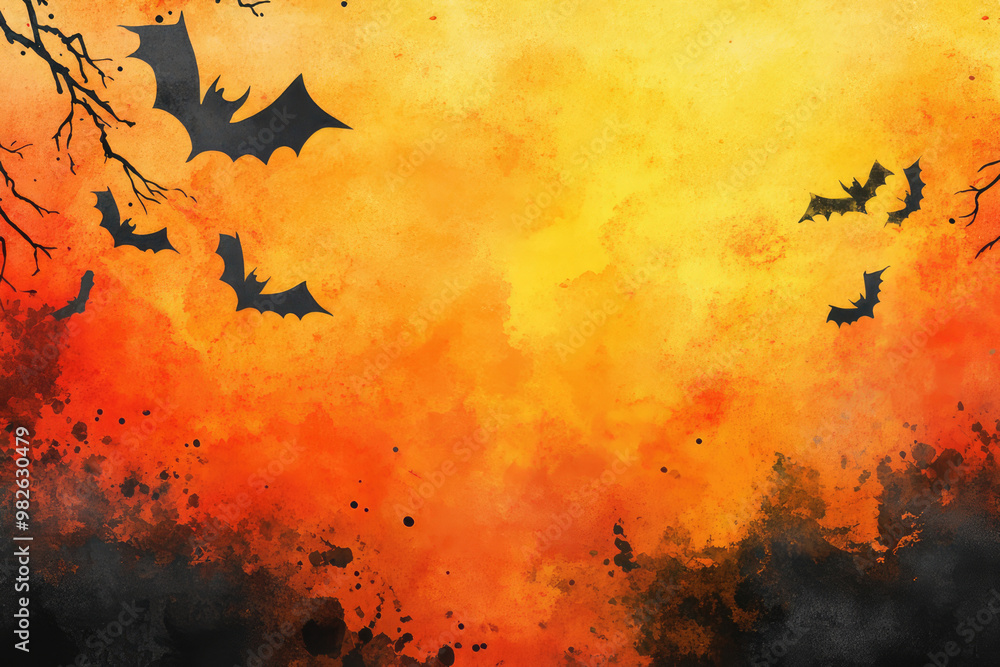 A spooky Halloween-themed scene with a bright orange and yellow sky, silhouettes of flying bats, and bare branches creating an eerie and festive atmosphere. A spooky Halloween-themed scene with a bright orange and yellow sky, silhouettes of flying bats, and bare branches creating an eerie and festive atmosphere.