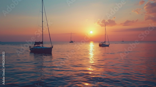 Sailing boats at dusk with a vibrant sunset over calm waters