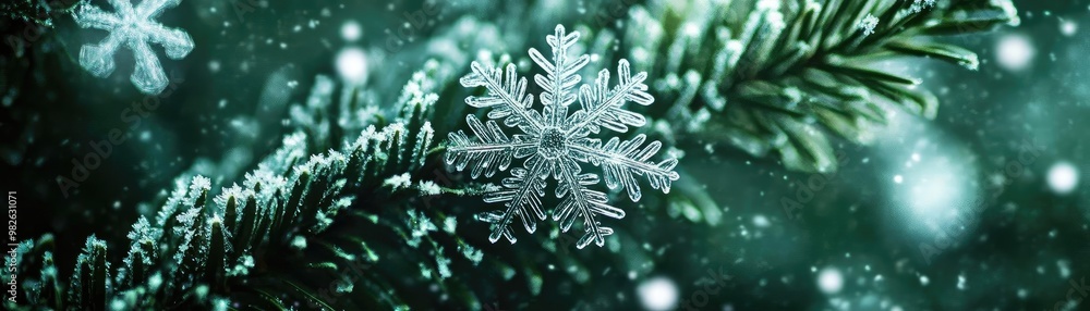 A close-up view of a snowflake resting on evergreen needles in a serene winter setting. Perfect for seasonal designs. A close-up view of a snowflake resting on evergreen needles in a serene winter setting. Perfect for seasonal designs.