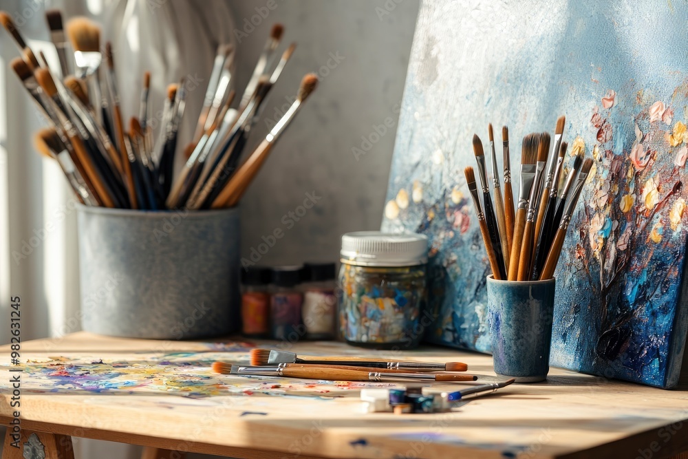 Close up view of creative workspace with decorations, painting tools and copy space with generative ai Close up view of creative workspace with decorations, painting tools and copy space with generative ai