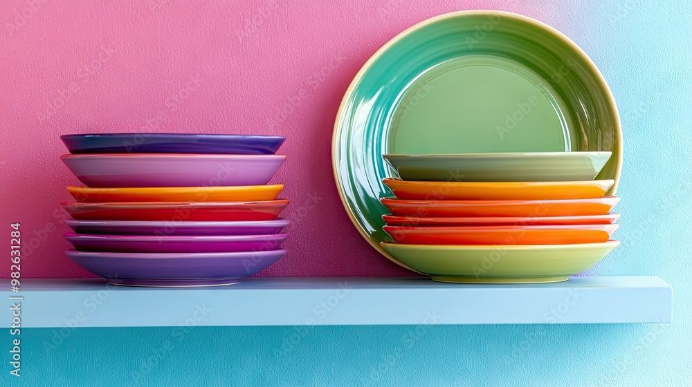 Stack of colorful plates on a kitchen shelf, with blank wall space for copy. Bright and cheerful tones ideal for promoting kitchenware. Stack of colorful plates on a kitchen shelf, with blank wall space for copy. Bright and cheerful tones ideal for promoting kitchenware.