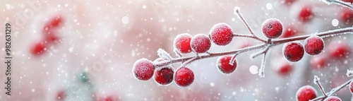 A beautiful close-up of red berries covered in frost, creating a serene winter scene amidst gently falling snowflakes.