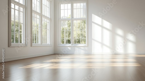 Spacious living room with a blank, white wall and large windows letting in natural light, perfect for text or graphic overlays.