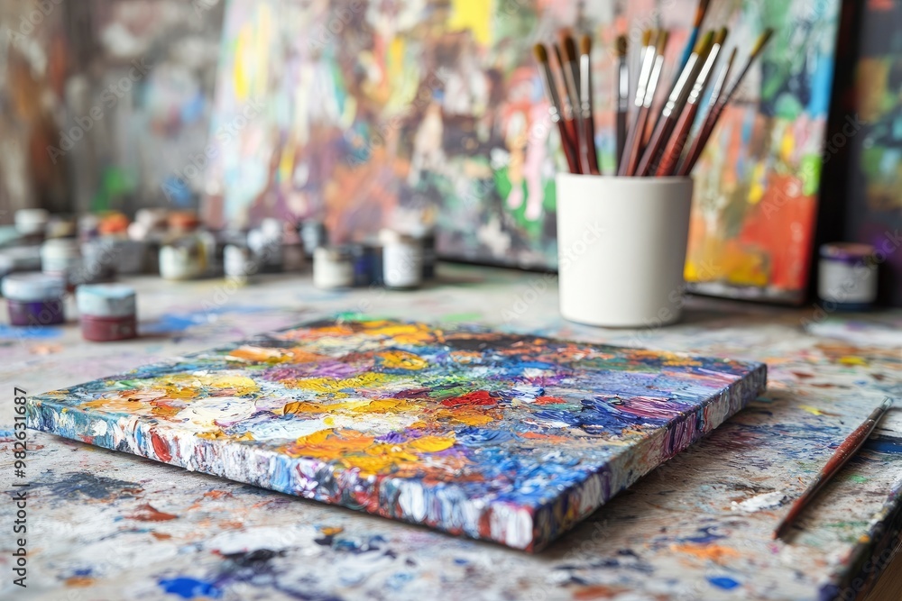 Close up view of creative workspace with decorations, painting tools and copy space with generative ai Close up view of creative workspace with decorations, painting tools and copy space with generative ai