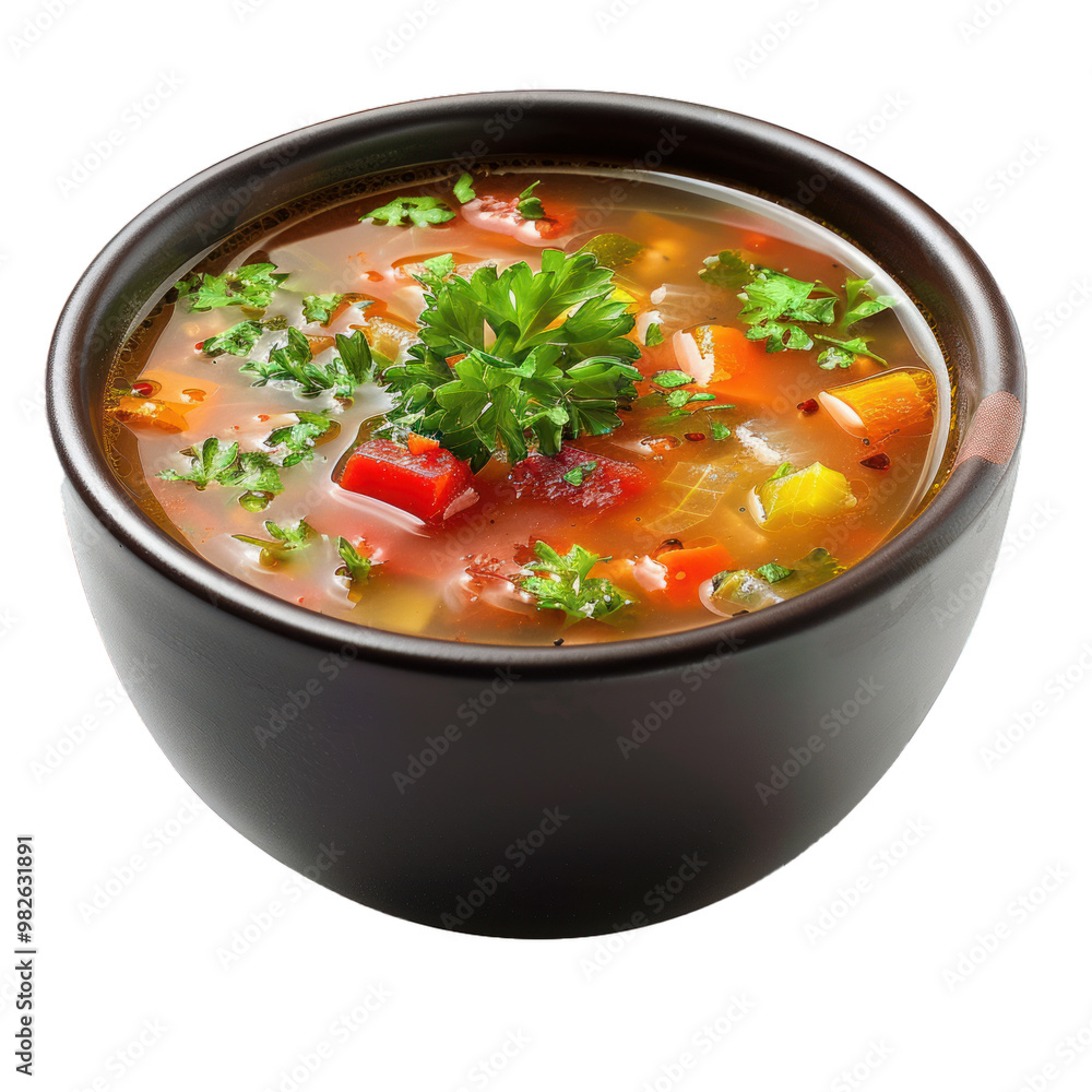 Aromatic and flavorful vegetable soup simmering in a rustic bowl, topped with fresh parsley Aromatic and flavorful vegetable soup simmering in a rustic bowl, topped with fresh parsley