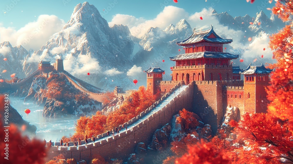Obraz premium Stunning Autumn View of the Great Wall of China with Snow-Capped Mountains and Vibrant Red Foliage