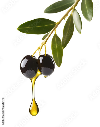 Black Olives with Dripping Oil on Branch Isolated on White Background Representing Freshness and Mediterranean Essence, Cutout, Isolated on White Background