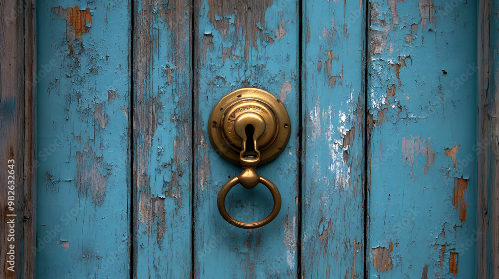 A weathered, teal wooden door with a worn brass doorknob and keyhole. A weathered, teal wooden door with a worn brass doorknob and keyhole.