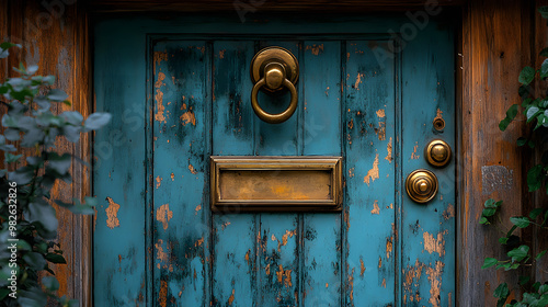 A weathered blue door with a brass knocker and mailbox. The door is surrounded by greenery.