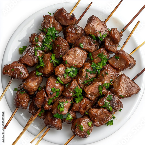 Succulent Ciger Sis Turkish Liver Kebab on Skewers for Food Photography on White Background