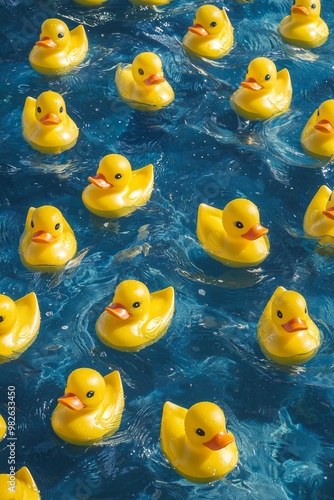 Sea of identical rubber duckies floating in calm, crystal-clear water, their vibrant yellow contrasting with the deep blue.  photo