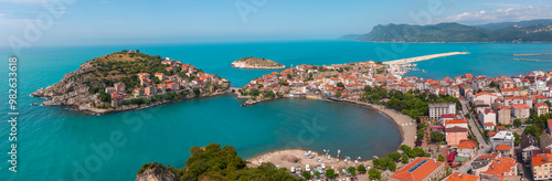 Beautiful cityscape on the mountains over Black-sea, Amasra. Amasra traditional Turkish architecture