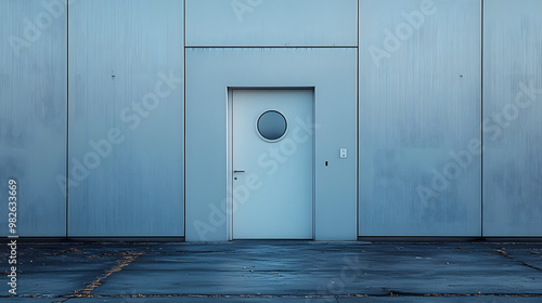 A white door with a round window set in a concrete wall. photo