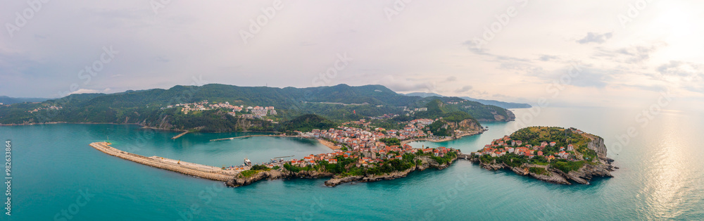 Beautiful cityscape on the mountains over Black-sea, Amasra. Amasra traditional Turkish architecture