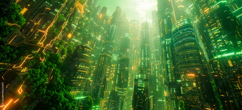 Fototapeta premium future city with green neon lights. Concept of greencity and eco friendly. cyberpunk city looks. Premium background for the greencity.