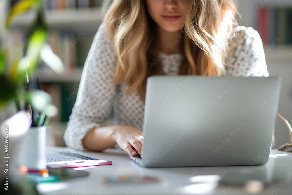 Close-up, a women's office desk with modern laptop computer with generative ai Close-up, a women's office desk with modern laptop computer with generative ai