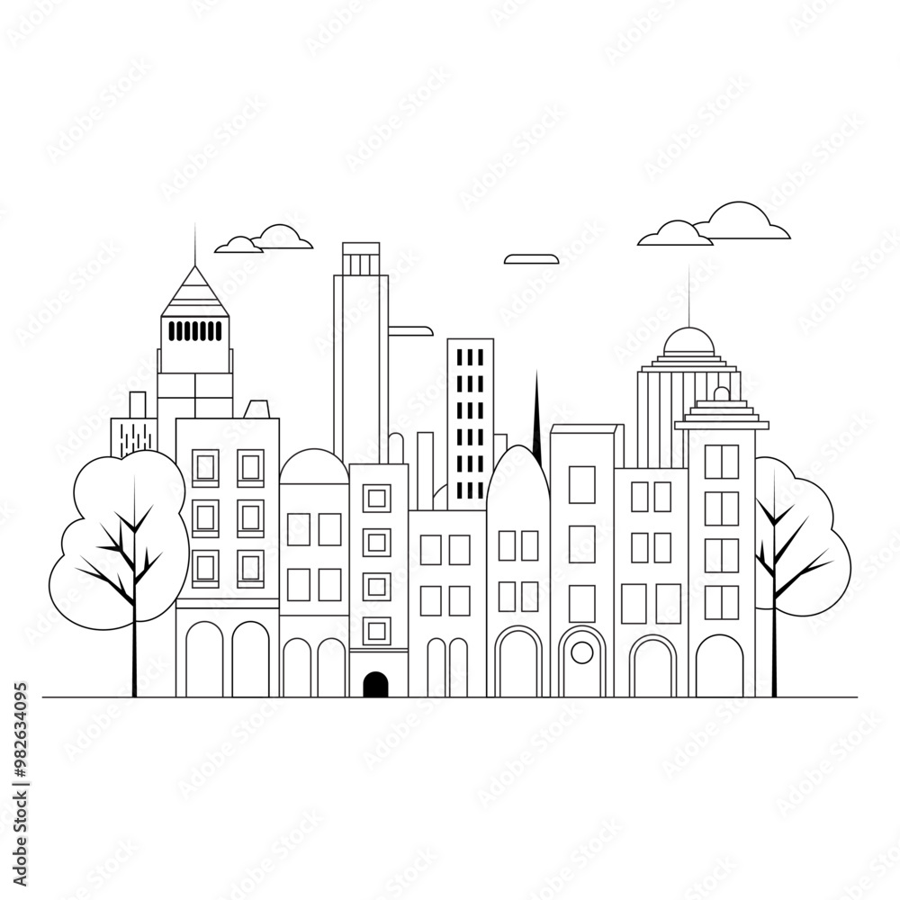 Outline Illustration in a simple, minimal geometric style - a cityscape with buildings and trees, presented as a horizontal banner. Outline Illustration in a simple, minimal geometric style - a cityscape with buildings and trees, presented as a horizontal banner.