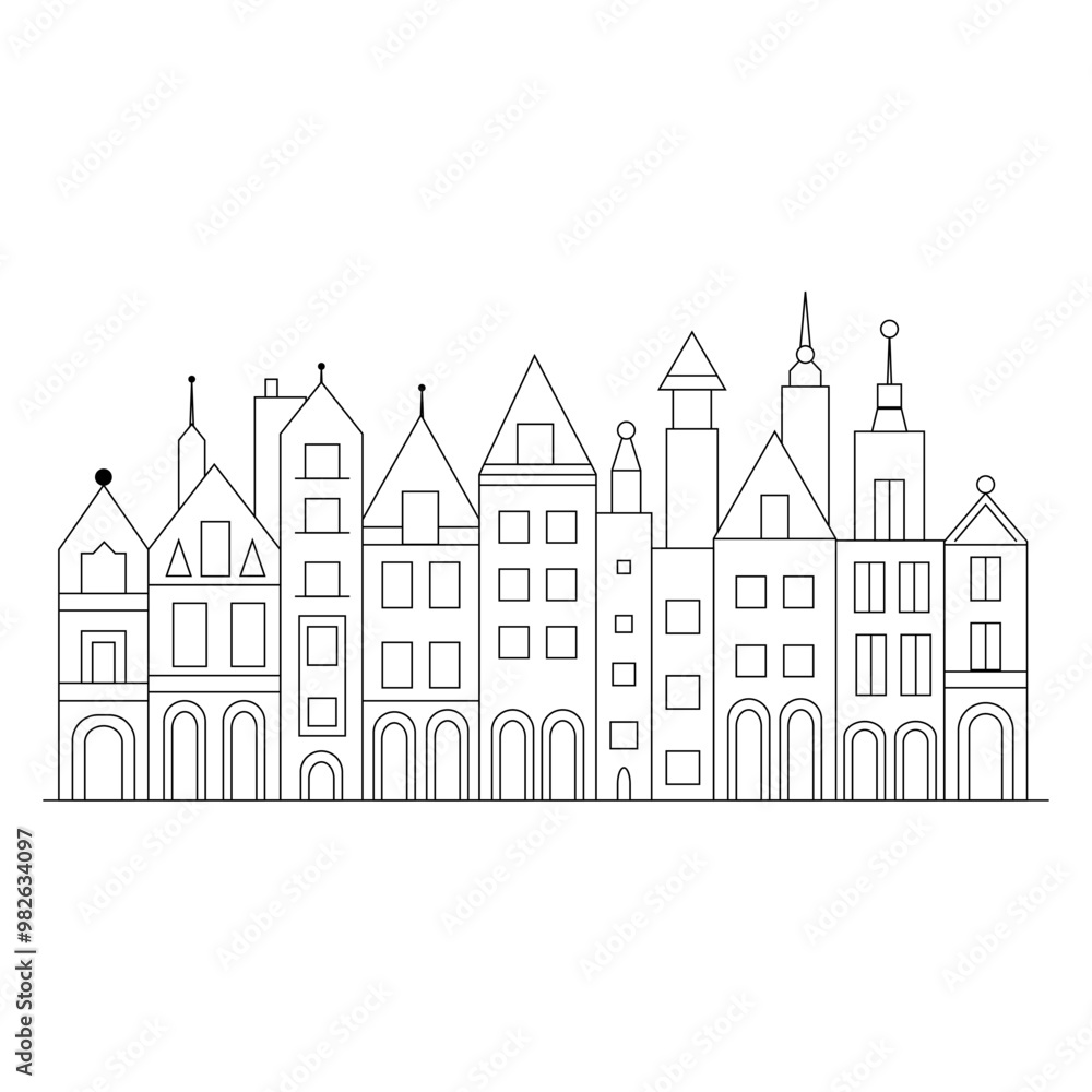 Outline Illustration in a simple, minimal geometric style - a cityscape with buildings and trees, presented as a horizontal banner. Outline Illustration in a simple, minimal geometric style - a cityscape with buildings and trees, presented as a horizontal banner.