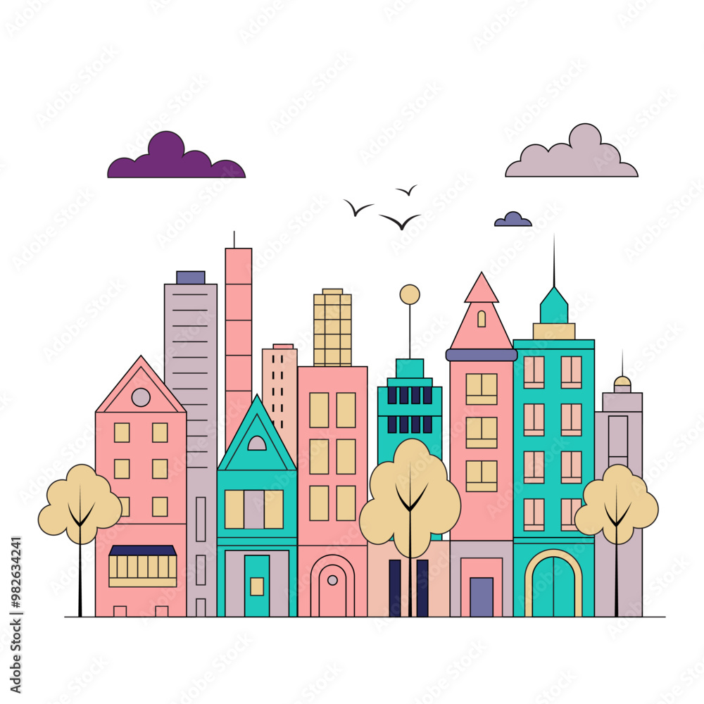 Illustration in a simple, minimal geometric style - a cityscape with buildings and trees, presented as a horizontal banner. Illustration in a simple, minimal geometric style - a cityscape with buildings and trees, presented as a horizontal banner.