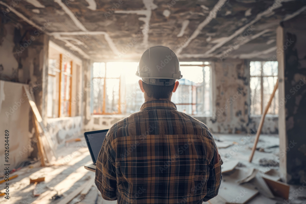 Man builder. Rear view of foreman with laptop. Contractor for construction company. Architect in unfinished building. Man builder. Rear view of foreman with laptop. Contractor for construction company. Architect in unfinished building.
