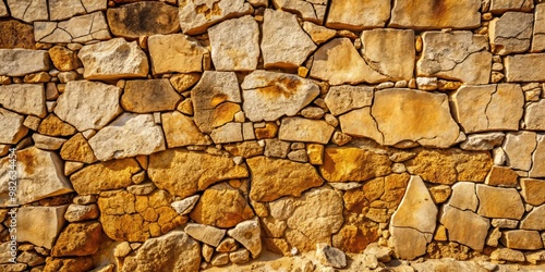 Weathered stone walls with intricate patterns of cracked earth tones, evoking a sense of ancient history and decay, shot in bright, overhead light to emphasize texture and detail.