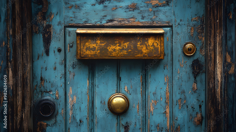 Close-up of a weathered blue door with a brass mailbox and door knocker. Close-up of a weathered blue door with a brass mailbox and door knocker.