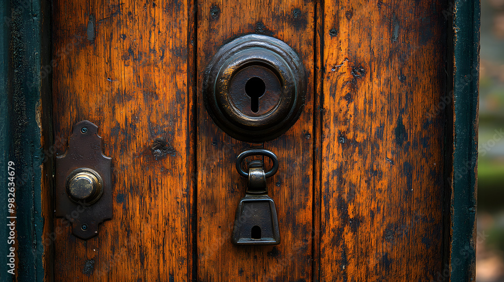 Fototapeta premium Close-up of a weathered wooden door with a keyhole, a doorknob, and a small bell.
