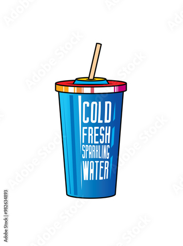 Fast food plastic cup with straw. Hot or cold drink. Original vector illustration in vintage style.