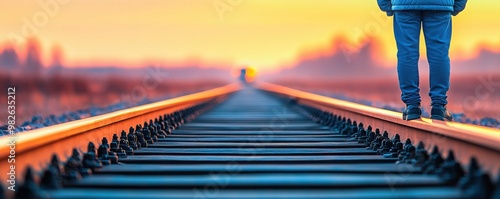 A serene sunset captures a person standing on a railroad track, symbolizing adventure and exploration in a tranquil environment. photo