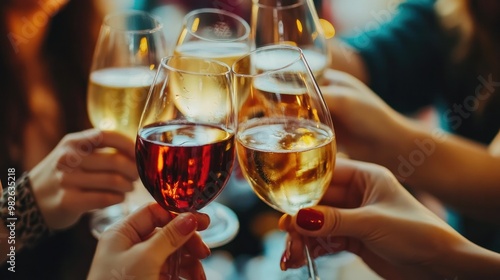 New Year Party, Clinking glasses of champagne in hands at New Year party