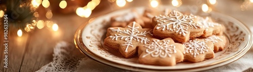 Deliciously decorated snowflake-shaped cookies presented elegantly on a festive plate, perfect for holiday celebrations.