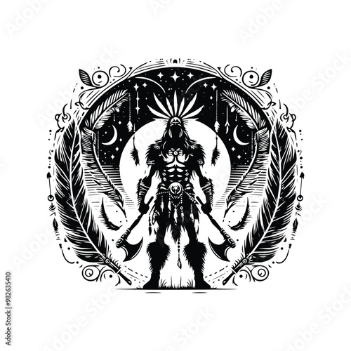 barbarian warrior with bohemian decoration in black and white illustrations, cutout graphic w